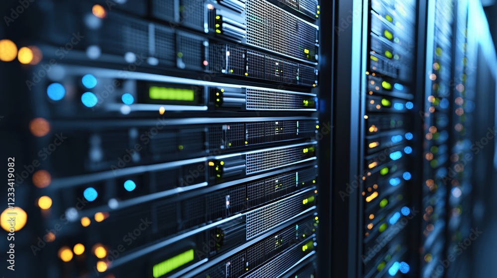 Powerful Server Racks Data Center Technology Blue Lights Network Infrastructure Powerful Server Racks Data Center Technology Blue Lights Network Infrastructure