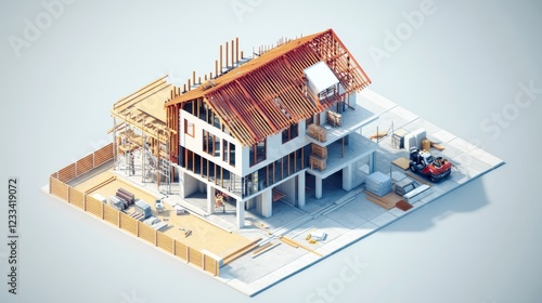 house development phases, low poly modeling style, construction site details, material stacks representation, structural assembly stages, isometric architectural progression, finished home photo