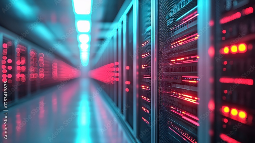 Fototapeta premium Futuristic Server Room Corridor Network Technology Data Center Glow