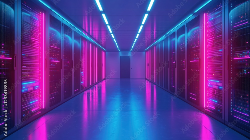 Neon Lit Server Room Corridor Modern Technology Data Center Infrastructure Neon Lit Server Room Corridor Modern Technology Data Center Infrastructure