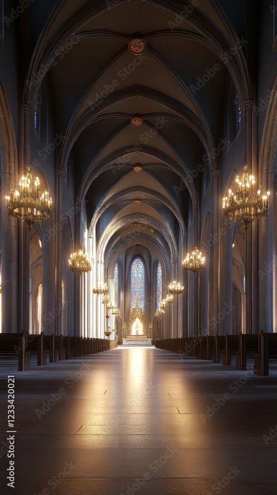 Fototapeta premium Sunlit Gothic church aisle