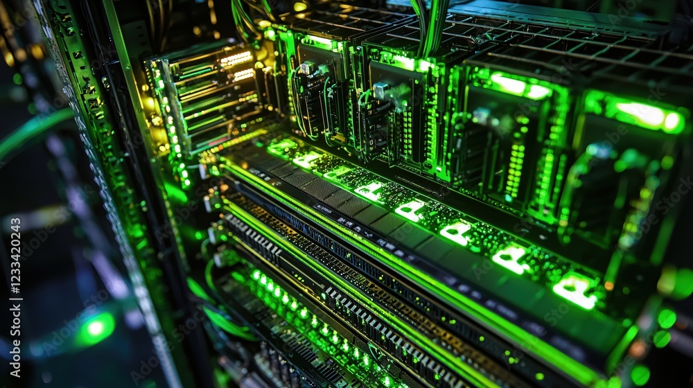 Fototapeta premium Green Illuminated Server Rack Close Up High Tech Data Center Technology