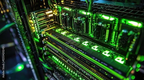 Green Illuminated Server Rack Close Up High Tech Data Center Technology