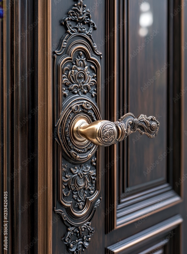 Ornate bronze door handle and decorative plate on dark wood door. Ornate bronze door handle and decorative plate on dark wood door.