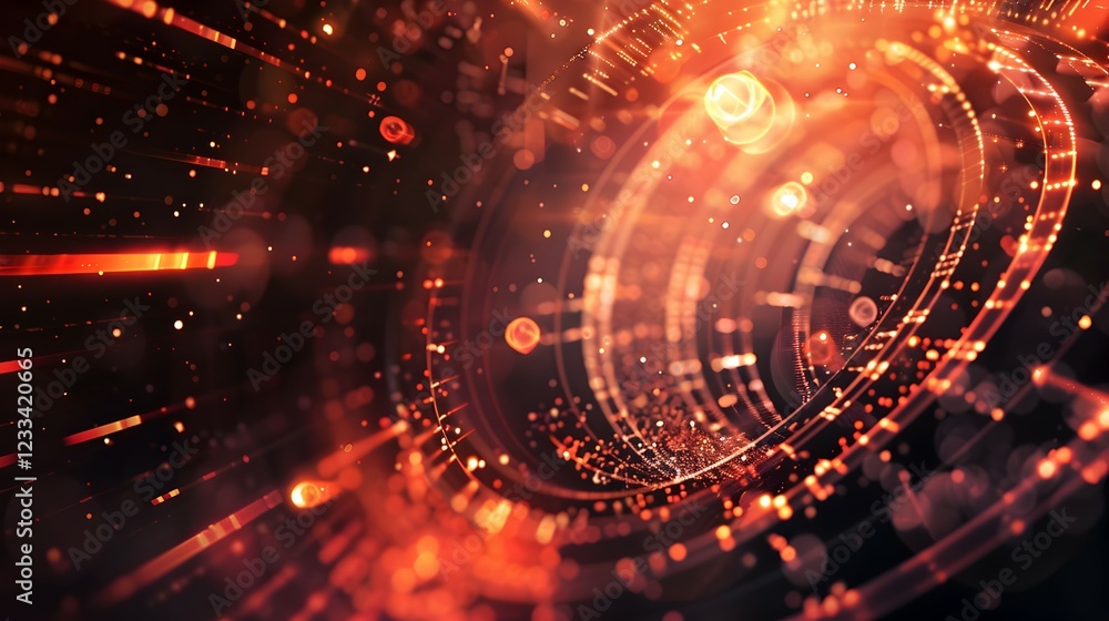 Abstract digital illustration with glowing particles and circular patterns in warm colors. Abstract digital illustration with glowing particles and circular patterns in warm colors.