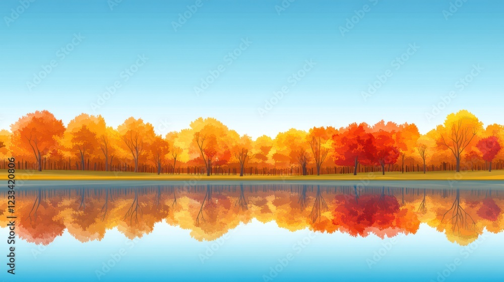 Autumnal trees reflected in calm lake water under a clear blue sky. Autumnal trees reflected in calm lake water under a clear blue sky.