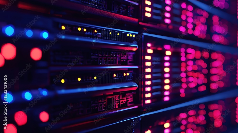 Cyberpunk Style Server Rack Closeup Neon Lights Data Center Technology Cyberpunk Style Server Rack Closeup Neon Lights Data Center Technology