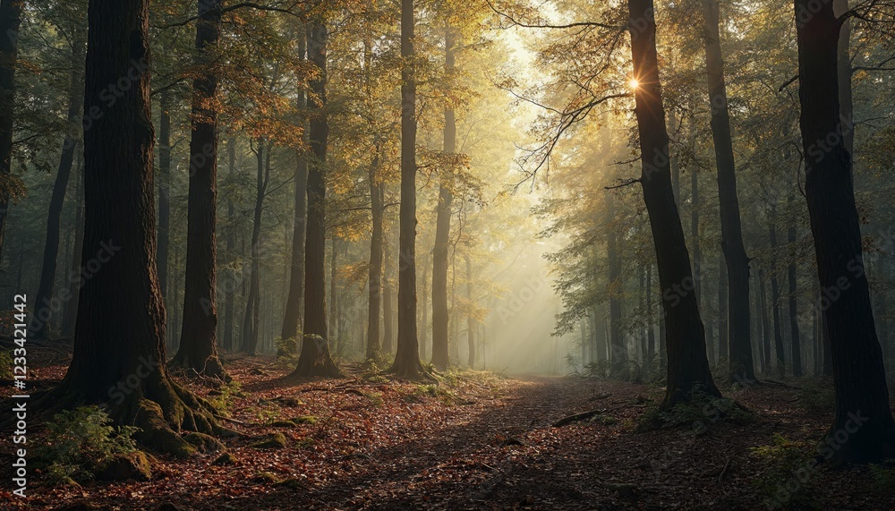 Obraz premium Sunlight in the forest. Concept of peace, tranquility, and relaxation.