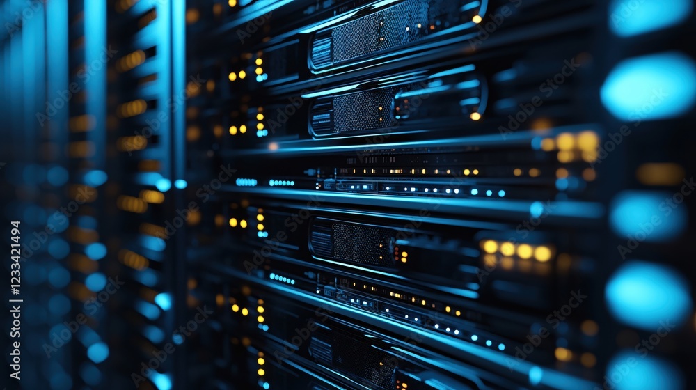 Sleek Data Center Servers Glowing Blue and Orange Lights Technology Sleek Data Center Servers Glowing Blue and Orange Lights Technology