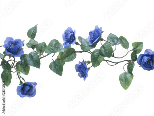 Beautiful blue roses with green leaves arranged on white background, creating serene and elegant atmosphere. Perfect for floral decorations or design projects