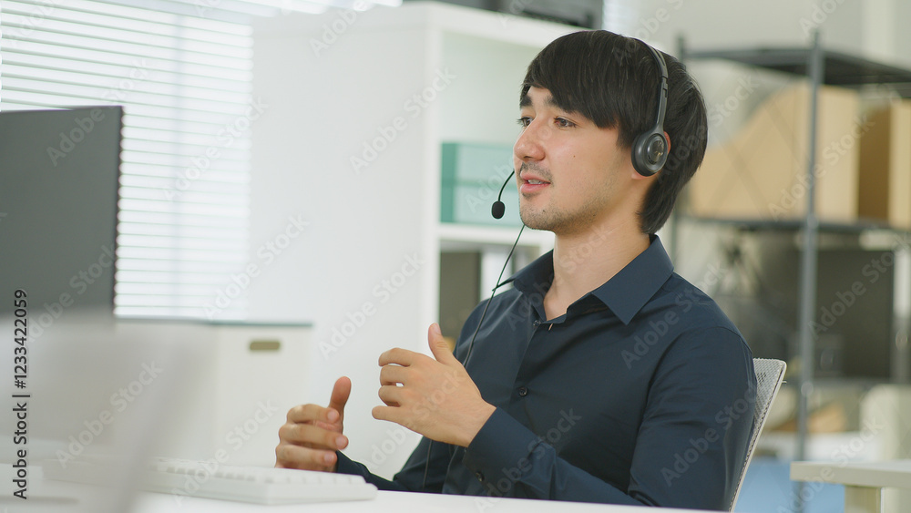 Businessman working as a customer support operator with headset. Female Call center, consulting and telemarketing concept, Customer service representative. sale agent Representative Company. Businessman working as a customer support operator with headset. Female Call center, consulting and telemarketing concept, Customer service representative. sale agent Representative Company.