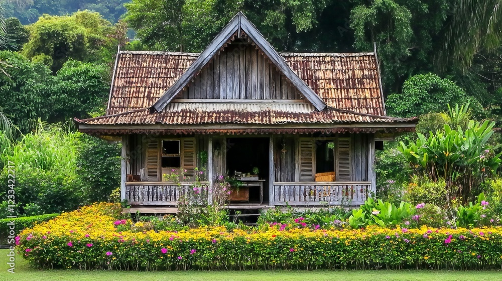authentic thai home structure, aged wooden construction, raised living space, flowering hedge border, rustic metal roofline, tropical vegetation, traditional building methods, rural landscape setting authentic thai home structure, aged wooden construction, raised living space, flowering hedge border, rustic metal roofline, tropical vegetation, traditional building methods, rural landscape setting