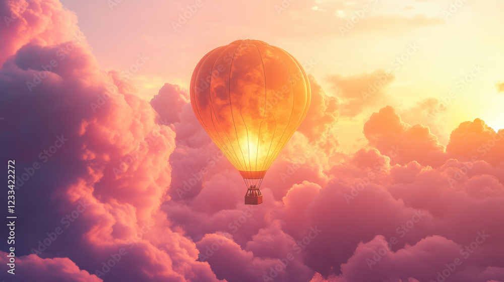 Fototapeta premium A surreal hot air balloon shaped like a glowing lantern, drifting peacefully among soft pink and lavender clouds, symbolizing dreams and aspirations