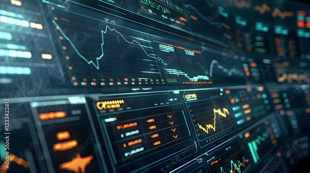 A digital display of financial data and stock market trends. A digital display of financial data and stock market trends.