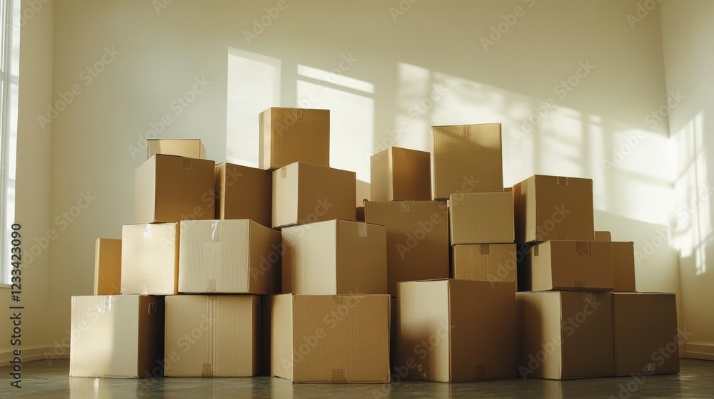 new home unpacking, young family activity, brown moving boxes, white wall backdrop, casual domestic setting, morning window light, empty room potential, peaceful moving experience new home unpacking, young family activity, brown moving boxes, white wall backdrop, casual domestic setting, morning window light, empty room potential, peaceful moving experience
