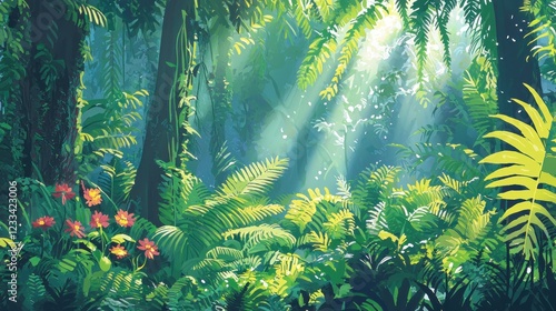 Wallpaper Mural Sunbeams illuminate lush rainforest, vibrant foliage, tropical plants. Torontodigital.ca