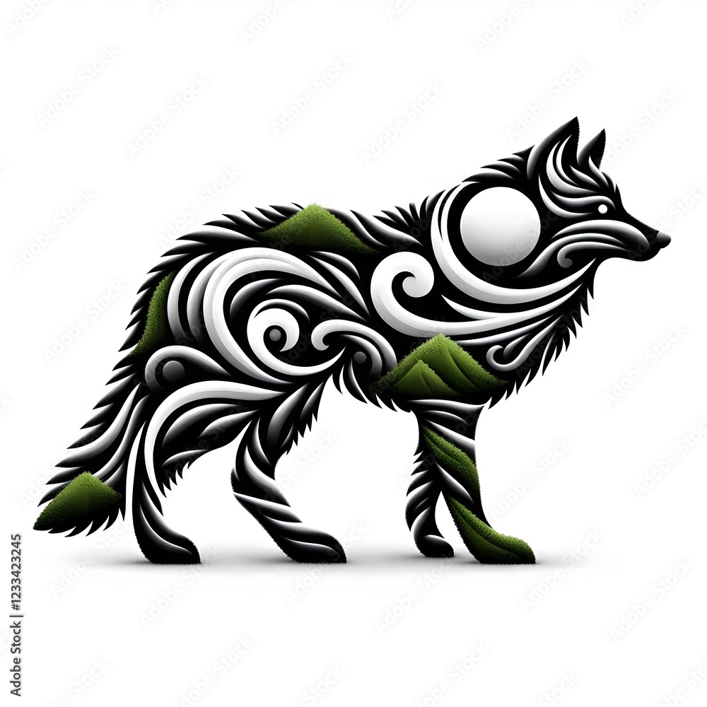 Obraz premium AI Generate of Wolf Shape Art Silhouette with Natural Element such as Wind, Tree, Water, Wave, Animal, Wood, Sun, Moon, isolate in white.