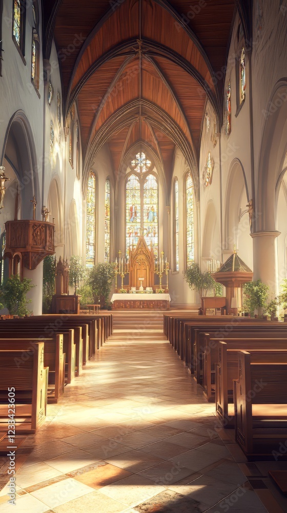 Fototapeta premium Sunlit church interior, peaceful scene