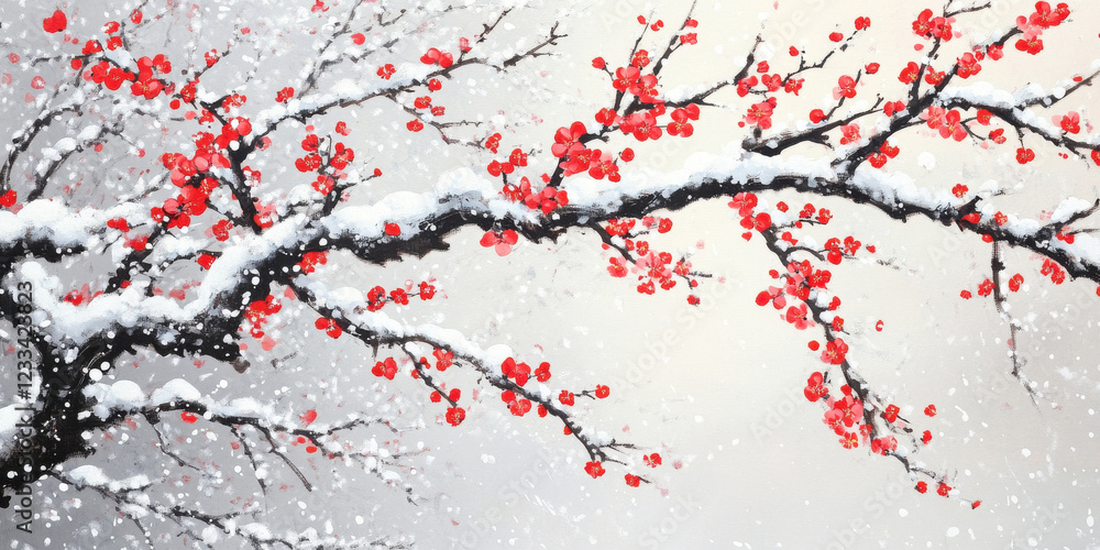 beautiful branch with red blossoms covered in snow, creating serene winter scene. contrast of vibrant flowers against white snow evokes sense of tranquility and beauty beautiful branch with red blossoms covered in snow, creating serene winter scene. contrast of vibrant flowers against white snow evokes sense of tranquility and beauty