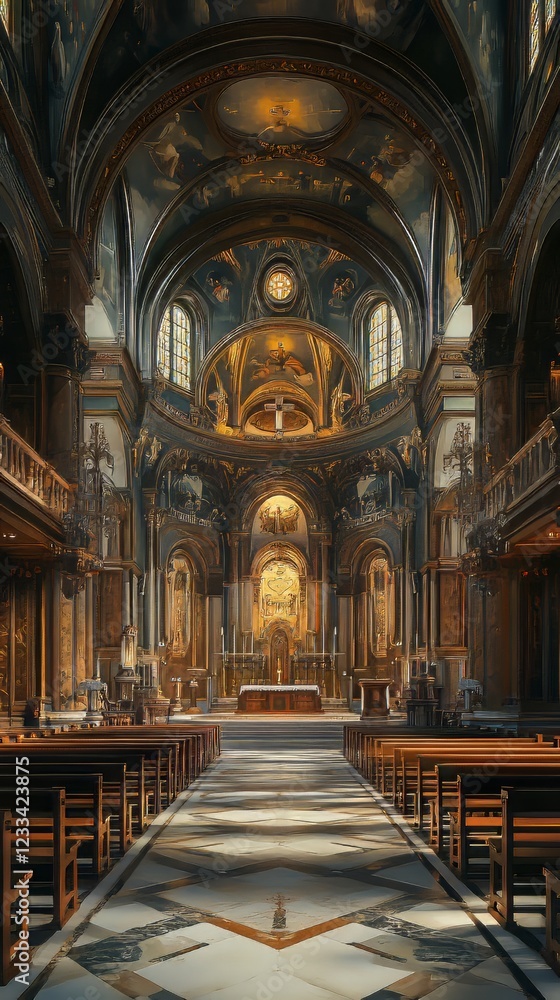 Ornate church interior, sunlight streams in Ornate church interior, sunlight streams in