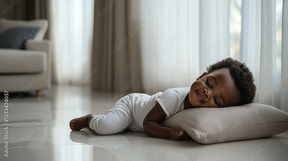 Adorable African Baby Sleeping Joyfully on Plush Pillow in a Cozy Setting. Adorable African Baby Sleeping Joyfully on Plush Pillow in a Cozy Setting.