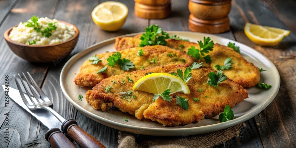 Crispy homemade chicken schnitzels on a plate garnished with fresh parsley and lemon wedges in a cozy kitchen setting Crispy homemade chicken schnitzels on a plate garnished with fresh parsley and lemon wedges in a cozy kitchen setting