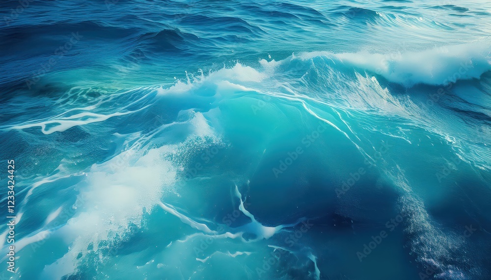 Fototapeta premium Vivid Turquoise Ocean Waves with Pure Blue Foam, Showcasing Textured Water and Dramatic Seascape at Dusk