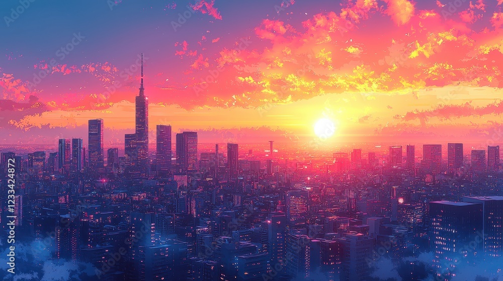 Fototapeta premium A vibrant city skyline at sunset, showcasing colorful clouds and a setting sun.