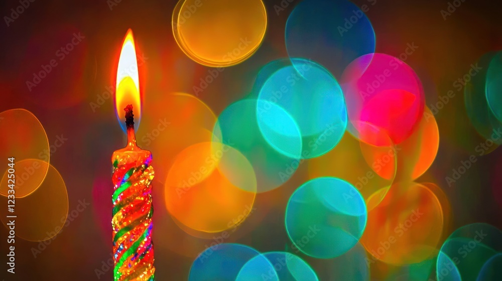 A Single Lit Birthday Candle with a Vibrant Bokeh Background A Single Lit Birthday Candle with a Vibrant Bokeh Background