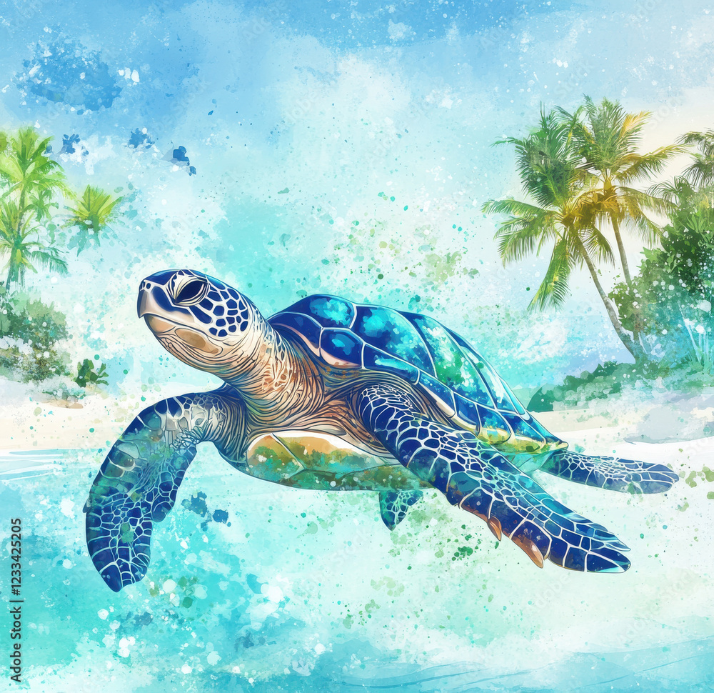 Fototapeta premium vibrant sea turtle swims gracefully in tropical paradise, surrounded by lush palm trees and serene ocean backdrop. artwork captures beauty of marine life and nature tranquility
