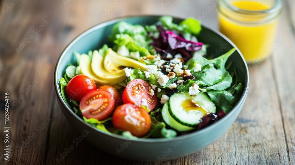 A vibrant salad bowl with mixed greens, cherry tomatoes, cucumber A vibrant salad bowl with mixed greens, cherry tomatoes, cucumber