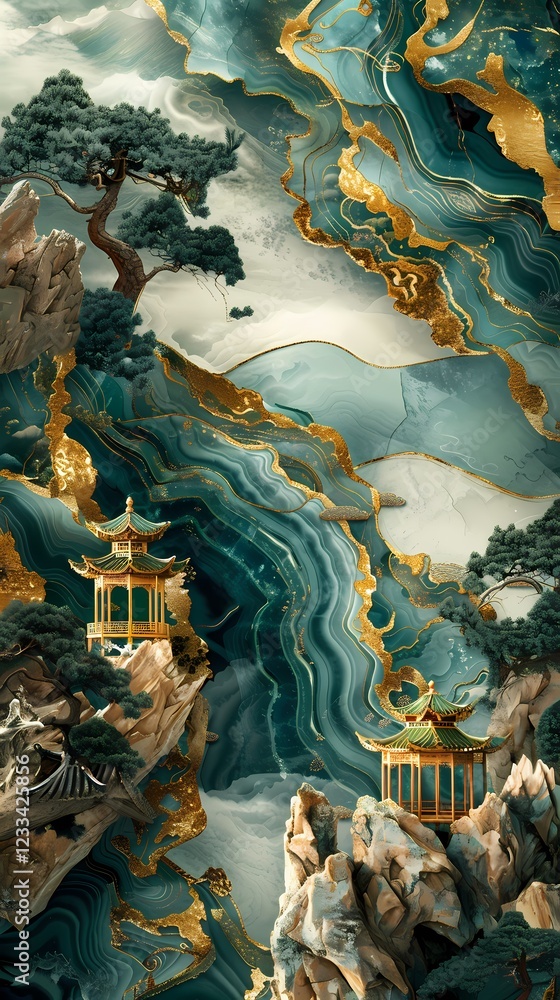 Obraz premium Blue and gold marble pavilions and trees poster background