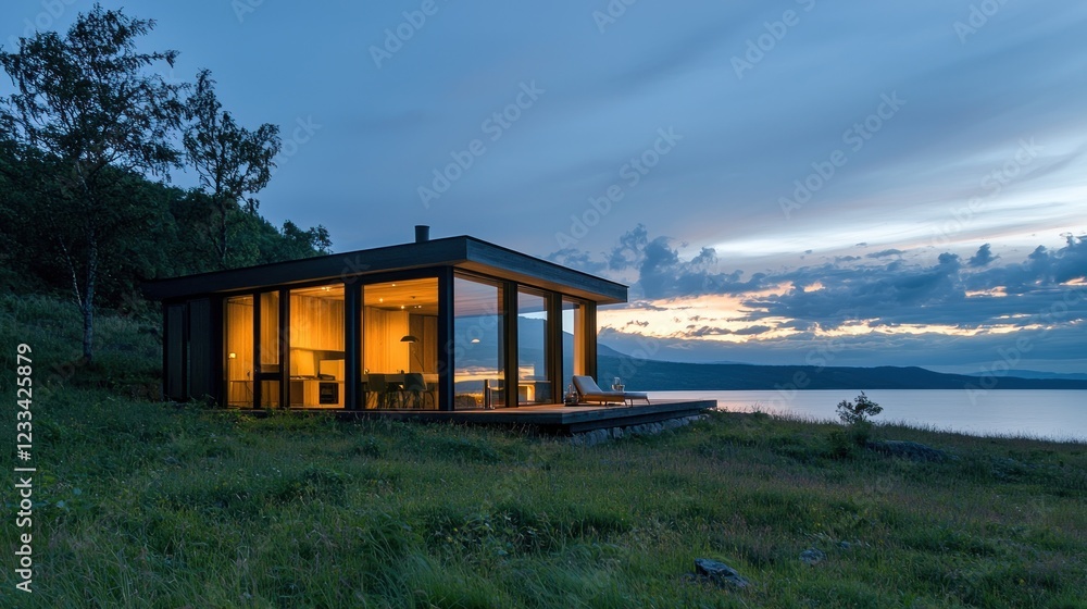 Fototapeta premium Modern cabin overlooking lake at dusk.