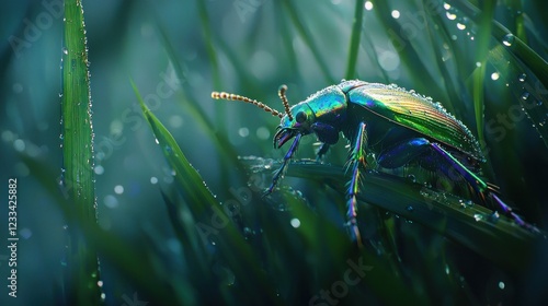 Vibrant Jewel Scarab Beetle on Dew-Kissed Grass photo