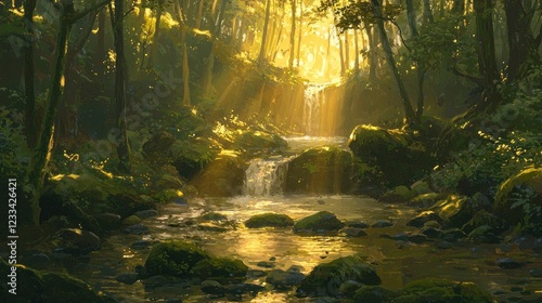 Sunlit forest waterfall stream.