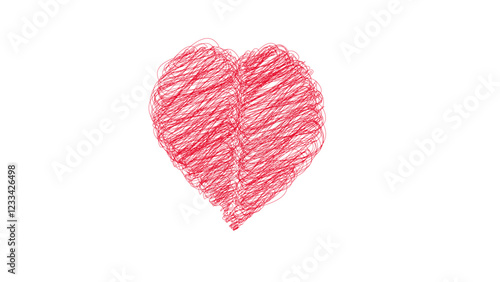 An abstract heart filled with tangled red lines, symbolizing the complexity of emotions—passion, love, and chaos intertwined in a simple yet expressive sketch on a plain white background."