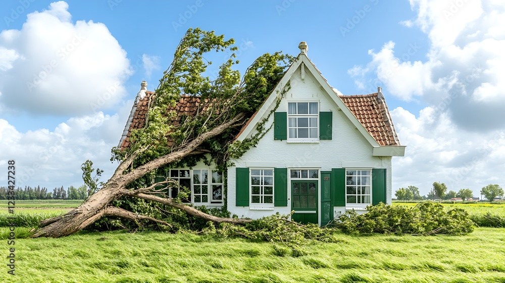 A large tree has fallen onto a small white house with green shutters, causing significant damage to the roof and landscaping, illustrating the destructive power of a storm. A large tree has fallen onto a small white house with green shutters, causing significant damage to the roof and landscaping, illustrating the destructive power of a storm.