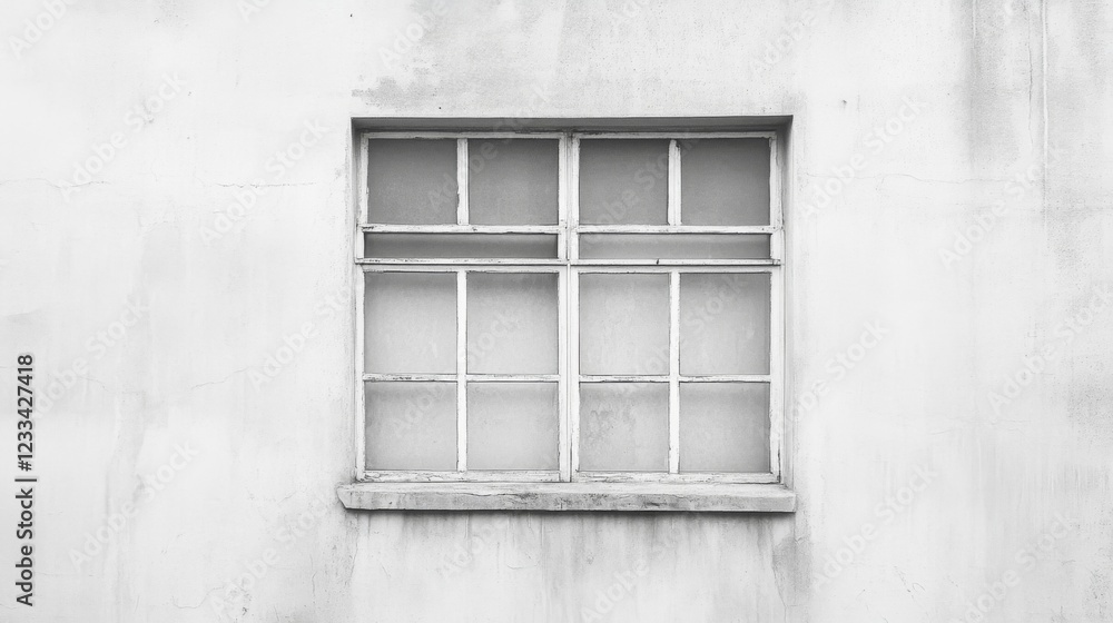 Fototapeta premium Whitewashed wall featuring a vintage window with grid patterns and fogged glass panes