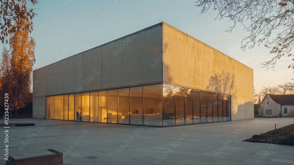 Obraz premium Modern concrete building with large glass windows at sunset.