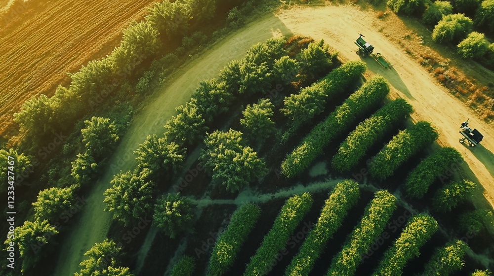 Fototapeta premium Aerial view of farm with green trees, yellow fields and agricultural machinery