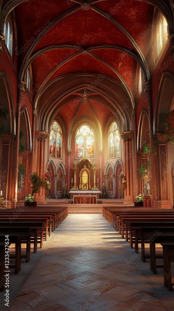 Fototapeta premium Sunlit church interior, peaceful scene