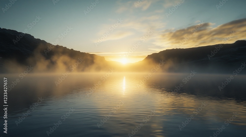 Obraz premium Misty Mountain Lake Sunrise: Serene Golden Hour