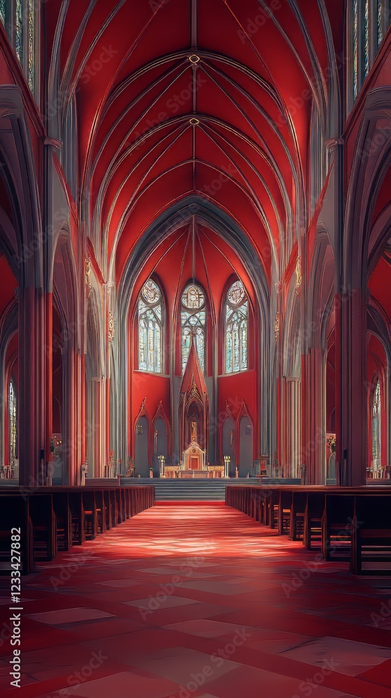 Fototapeta premium Red church interior, serene and grand