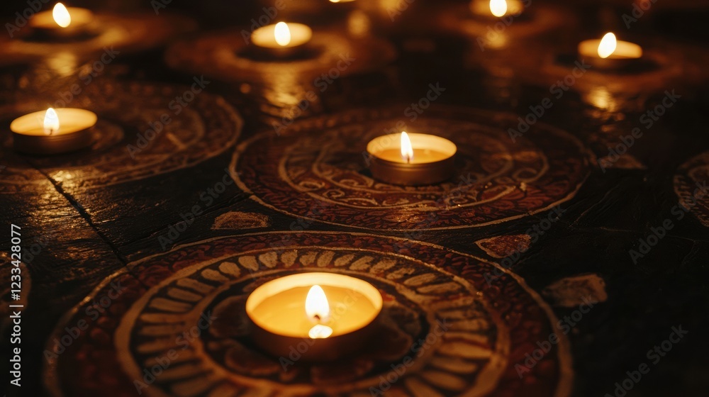 Soft glow of candles arranged in intricate circular patterns Soft glow of candles arranged in intricate circular patterns