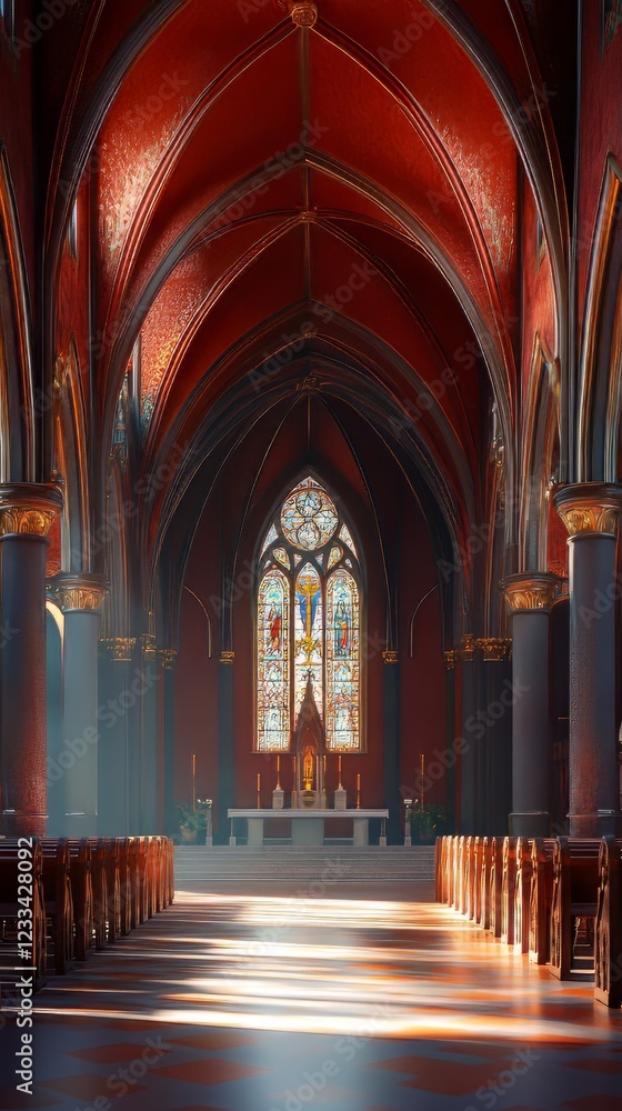 Fototapeta premium Sunlit church interior with stained glass