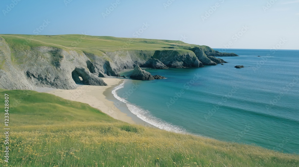 Secluded Coastal Cove Sunny Day, Turquoise Ocean, Green Cliffs, and Wildflowers