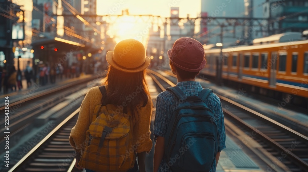 Sunset at the Train Station: Two Travelers Await Departure Sunset at the Train Station: Two Travelers Await Departure