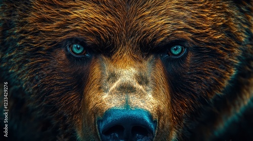 Intense brown bear close-up, piercing blue eyes, wildlife portrait