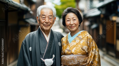 Elderly Japanese Couple in Traditional Kimono