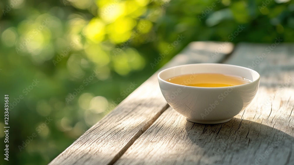 A bowl of tea on a wooden table outdoors. A bowl of tea on a wooden table outdoors.